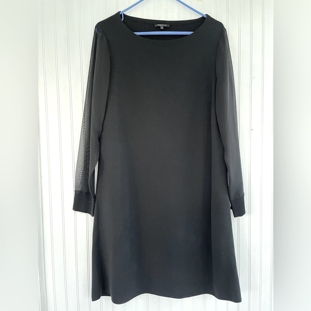 Lafayette 148 New York Black Cotton MIDI Dress w/ Sheer Long-sleeves Size Medium